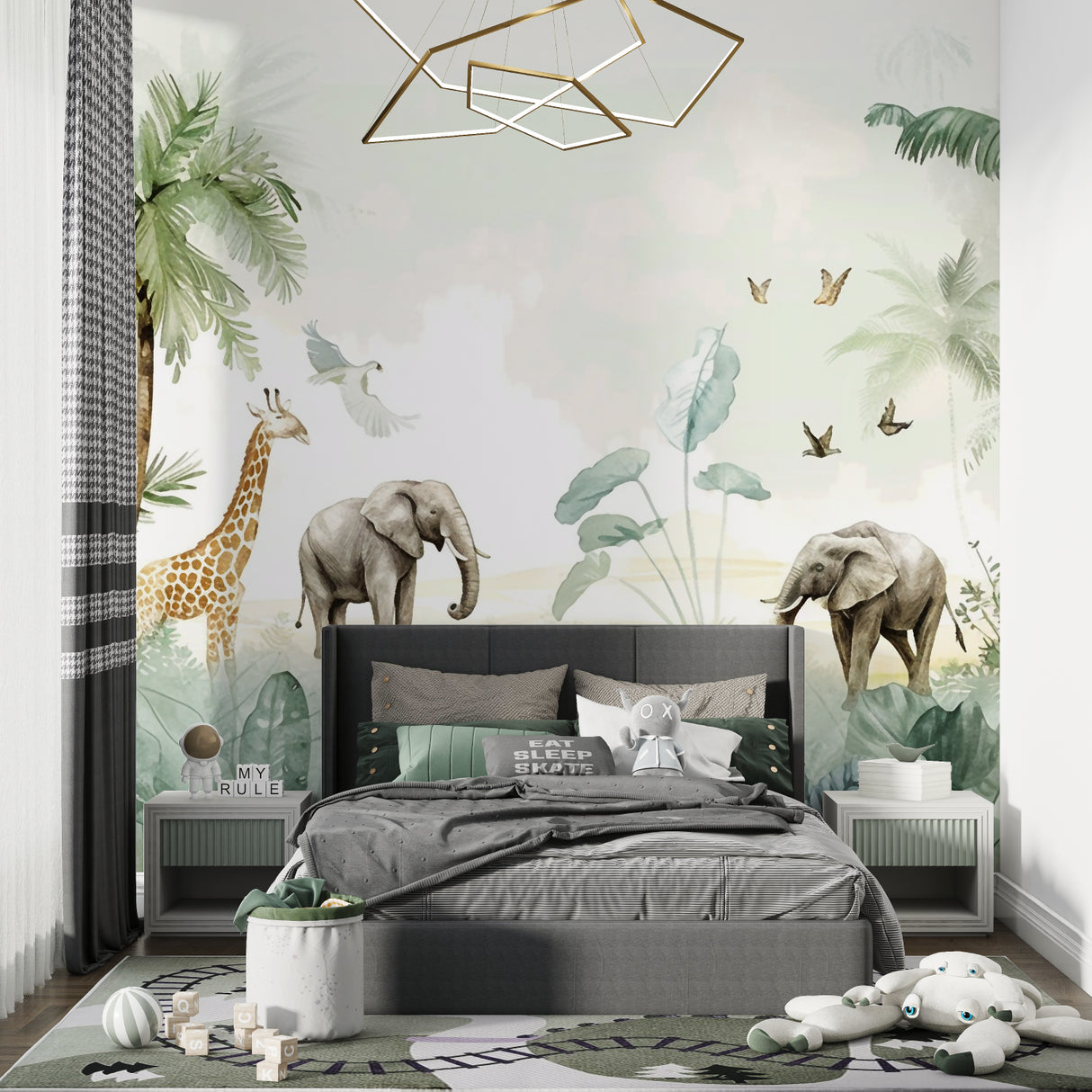 Safari Mural detail view in baby room with crib and mobile