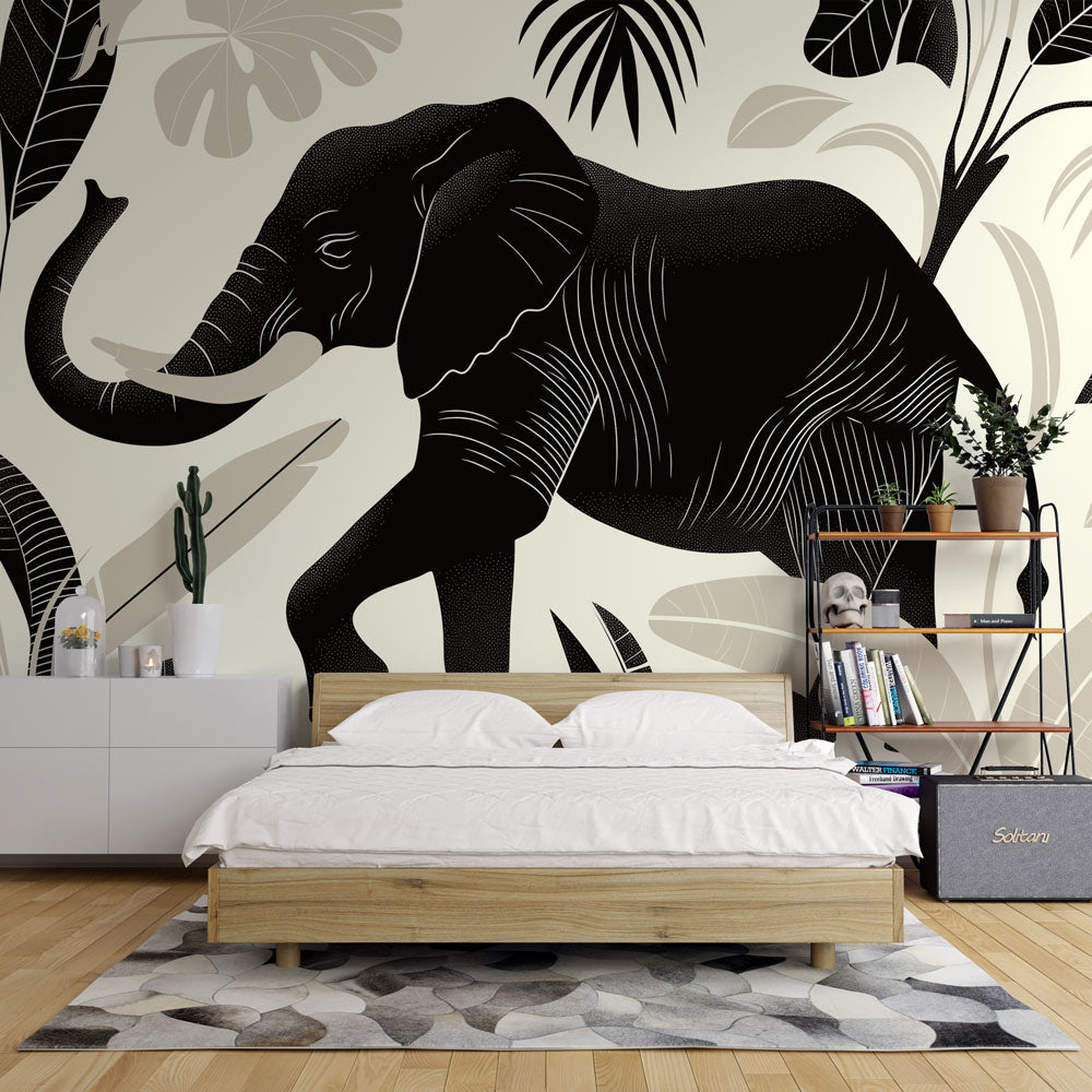 Black and white elephant wallpaper mural styled in modern living room, showcasing dramatic tropical design against light walls