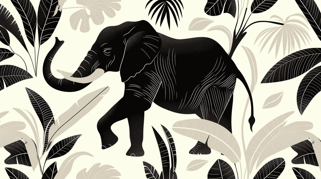 Black and white elephant tropical design file showing detailed pattern and intricate leaf elements