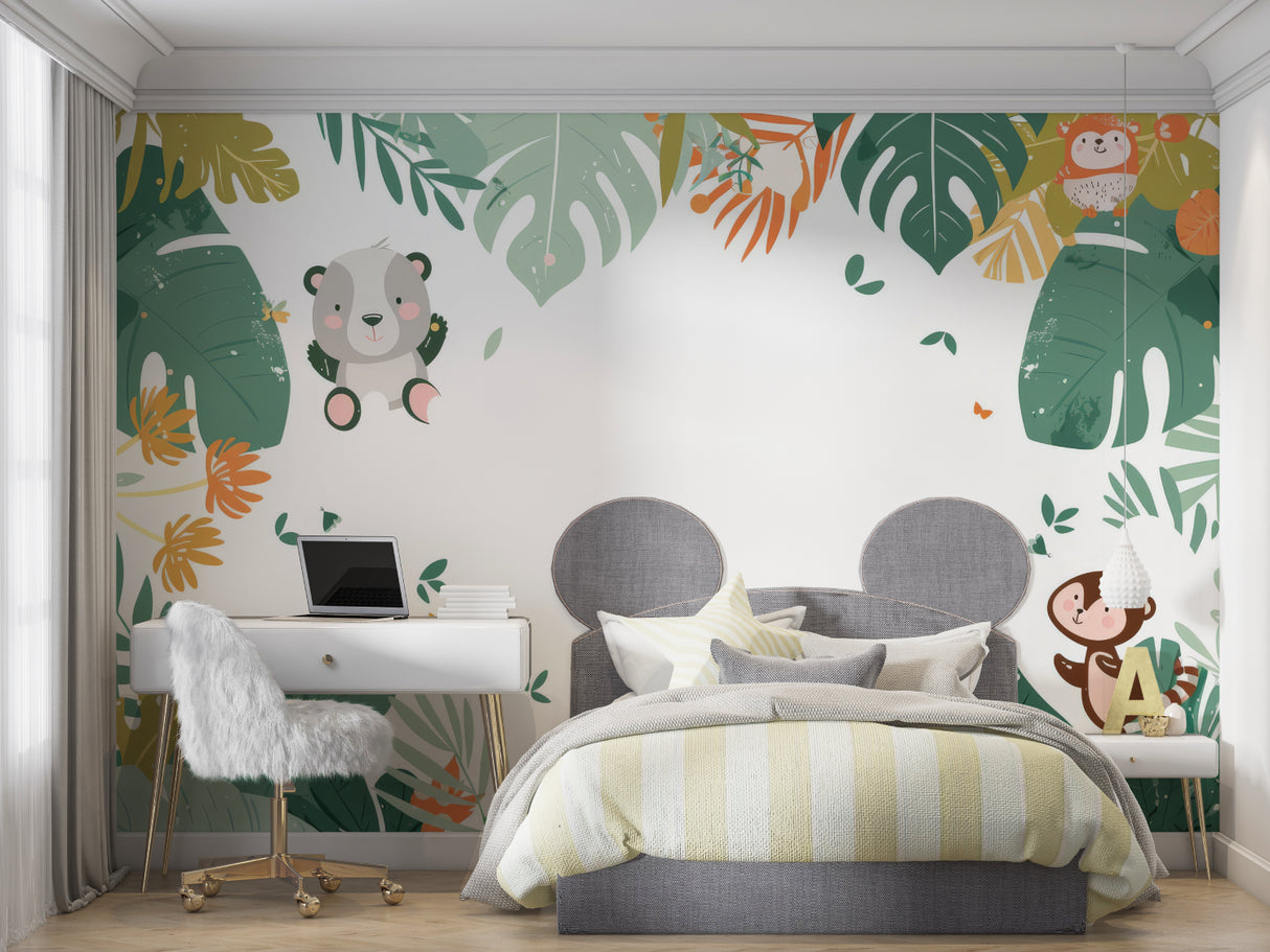 Kids bedroom with jungle wallpaper featuring panda and monkey, styled with natural wood furniture