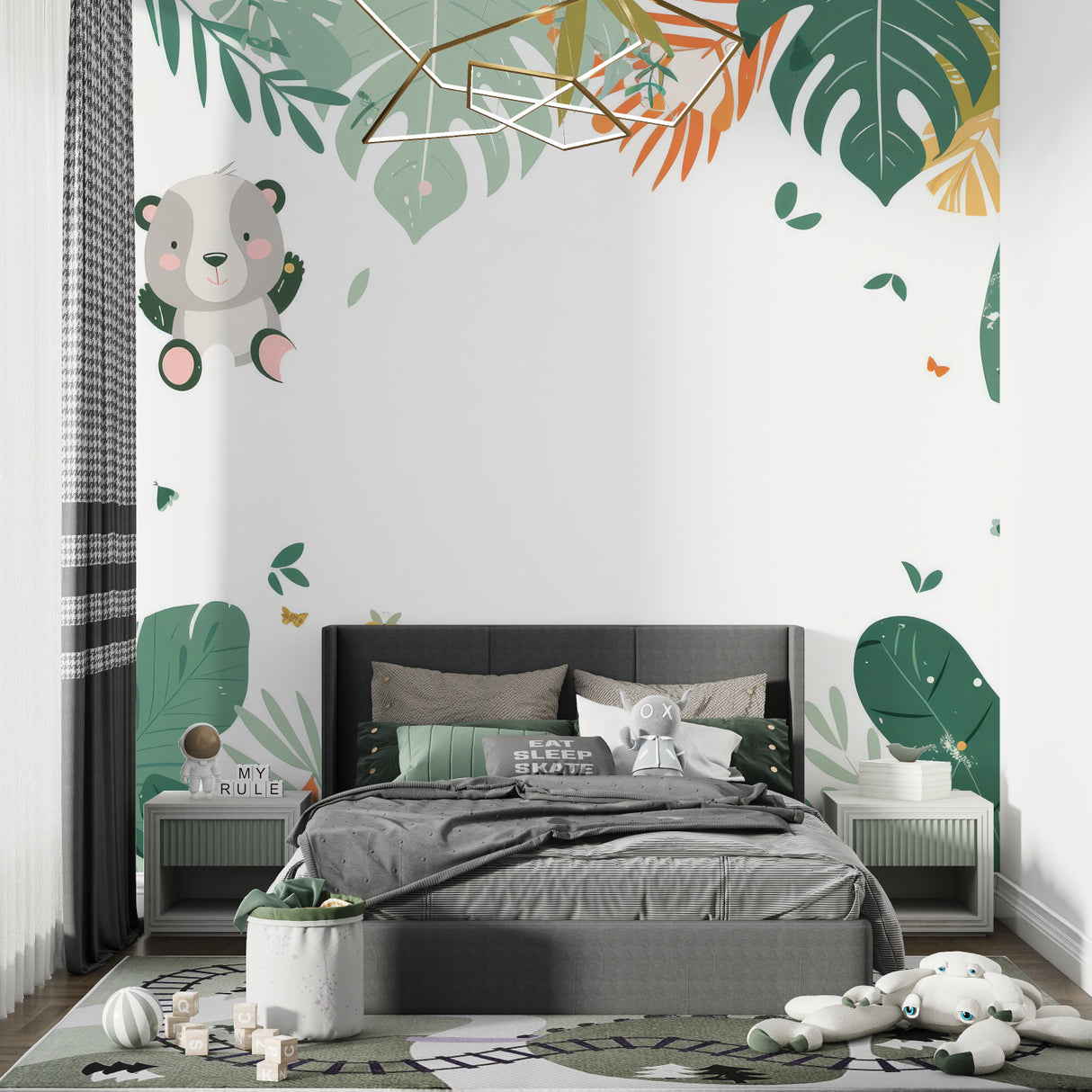 Playroom showcasing jungle animals wallpaper with reading nook and toy storage