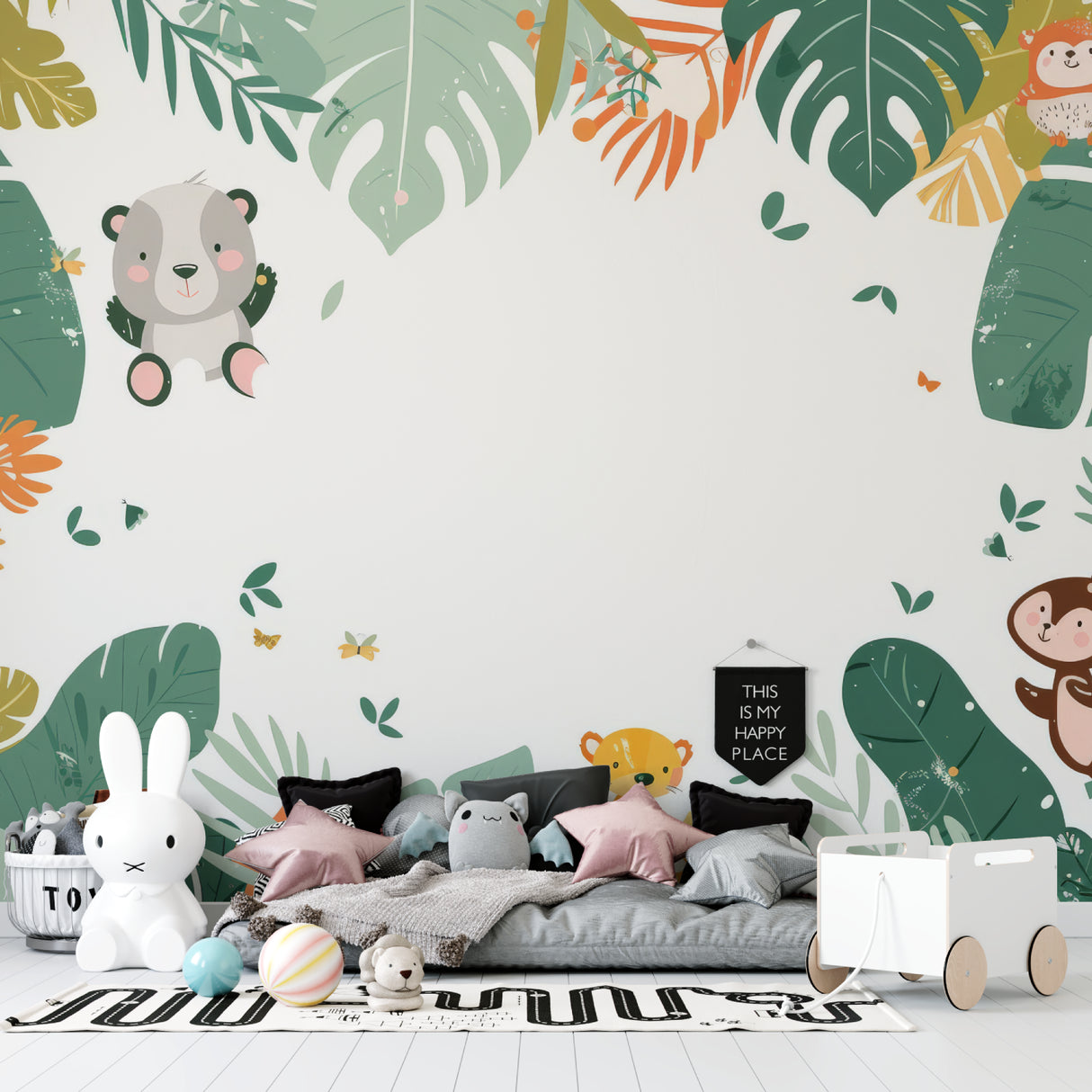 Modern nursery with jungle mural wallpaper showing panda and monkey in natural lighting