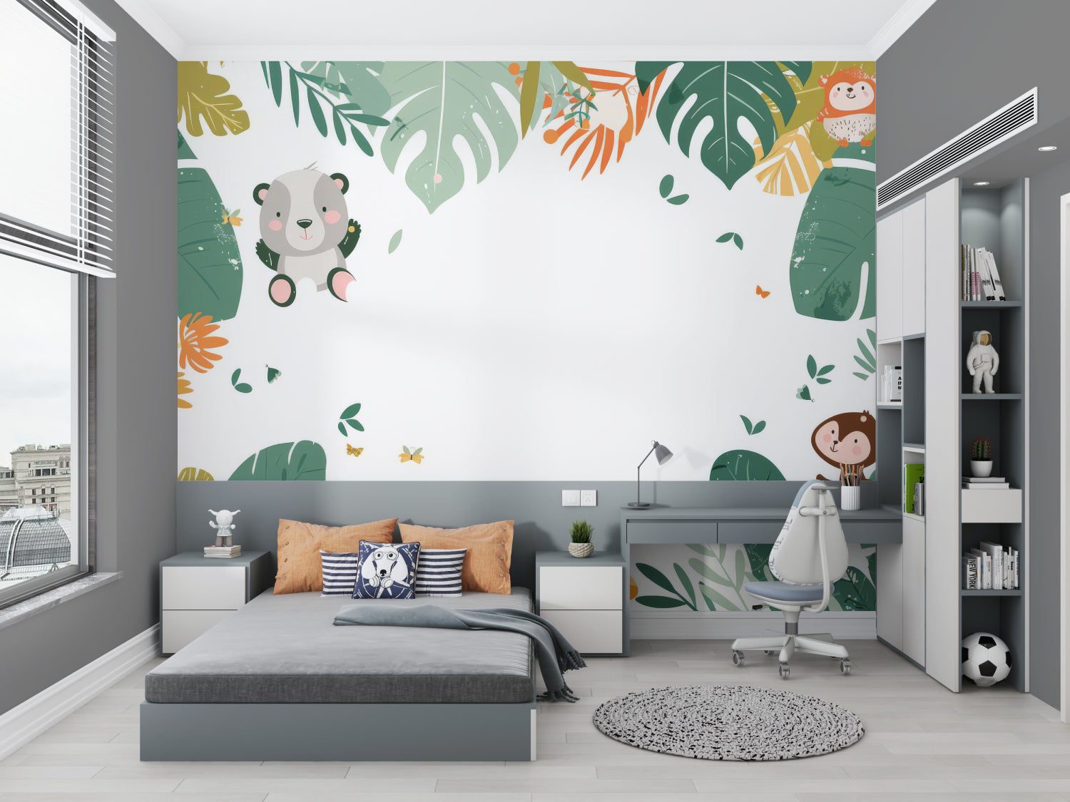 Kids study area with jungle theme wallpaper creating inspiring atmosphere
