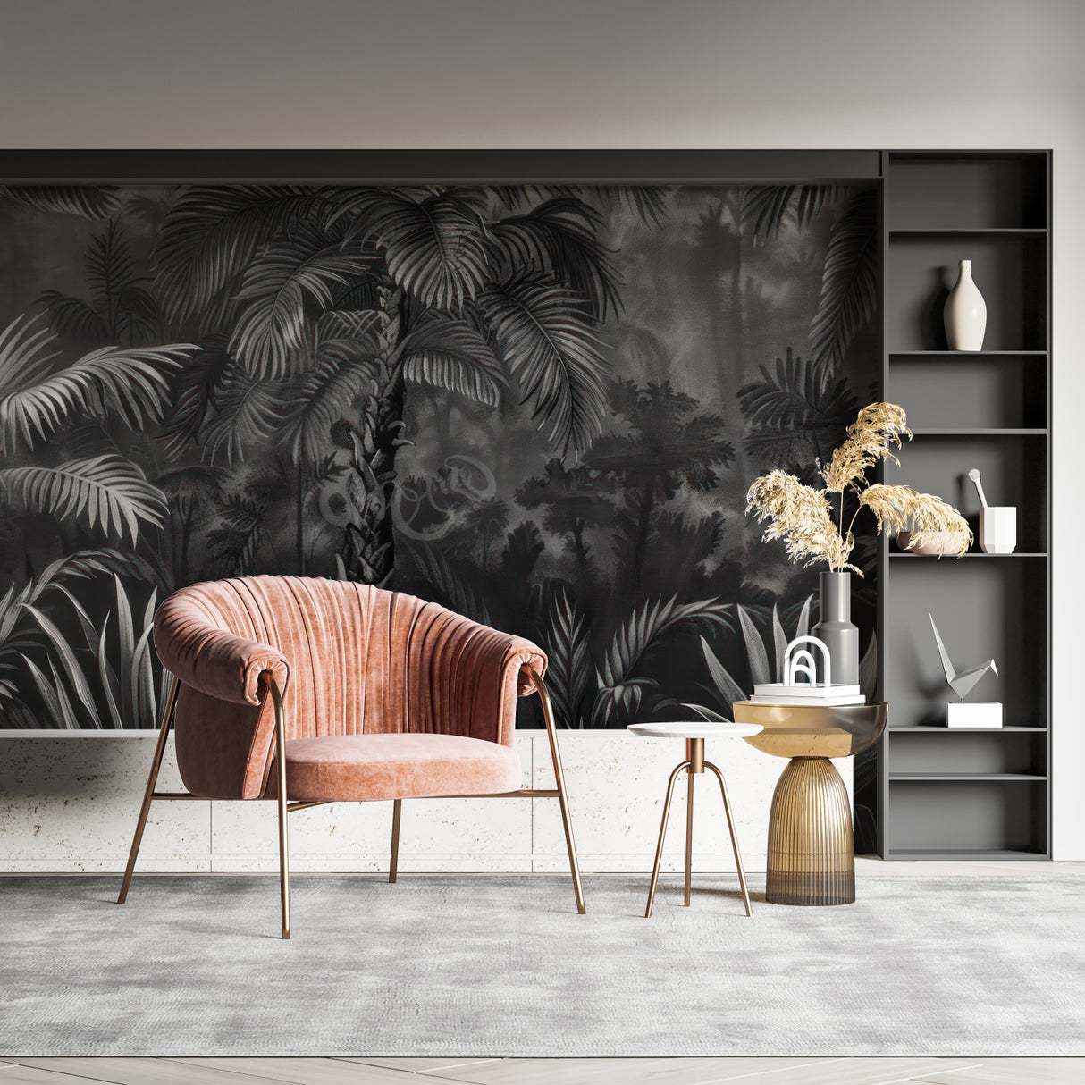 Elegant black and grey palm leaves mural in a modern bathroom