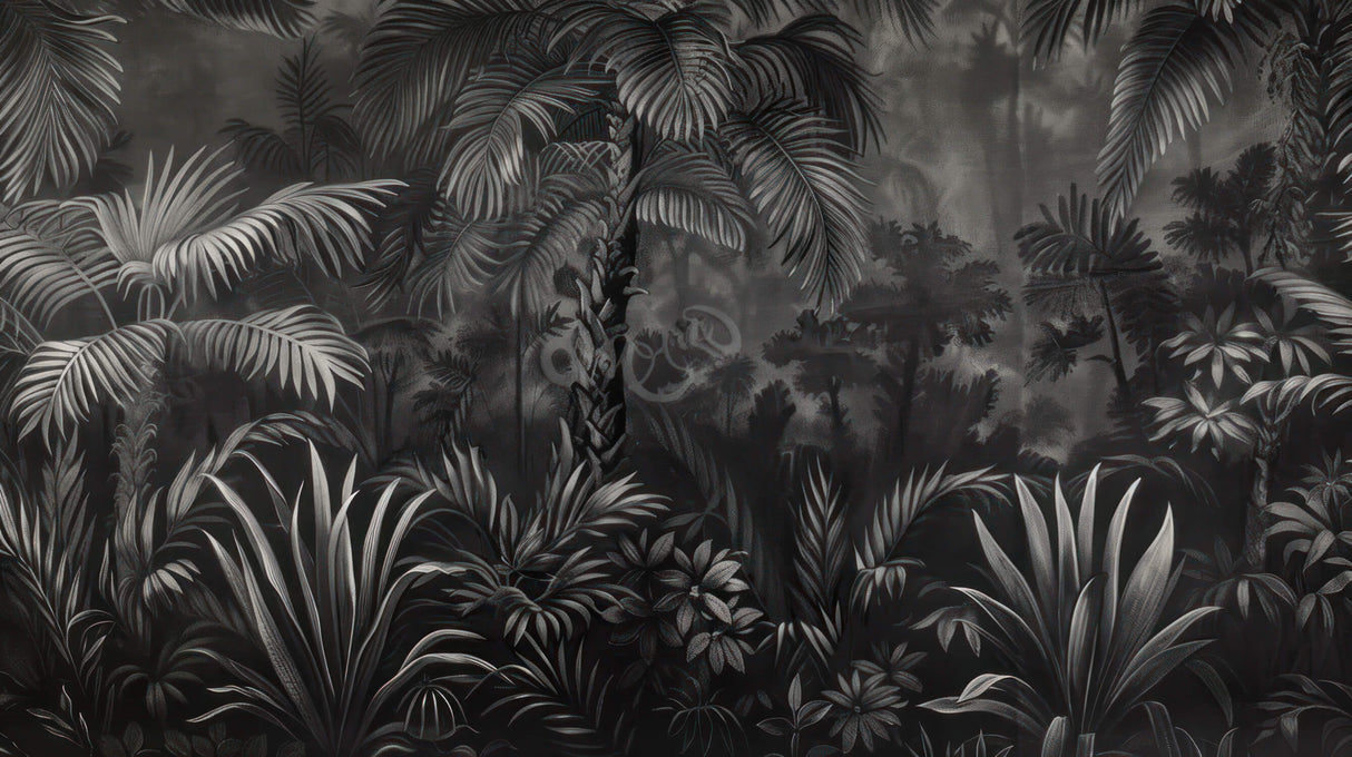 Design file showing detailed black and grey tropical foliage pattern