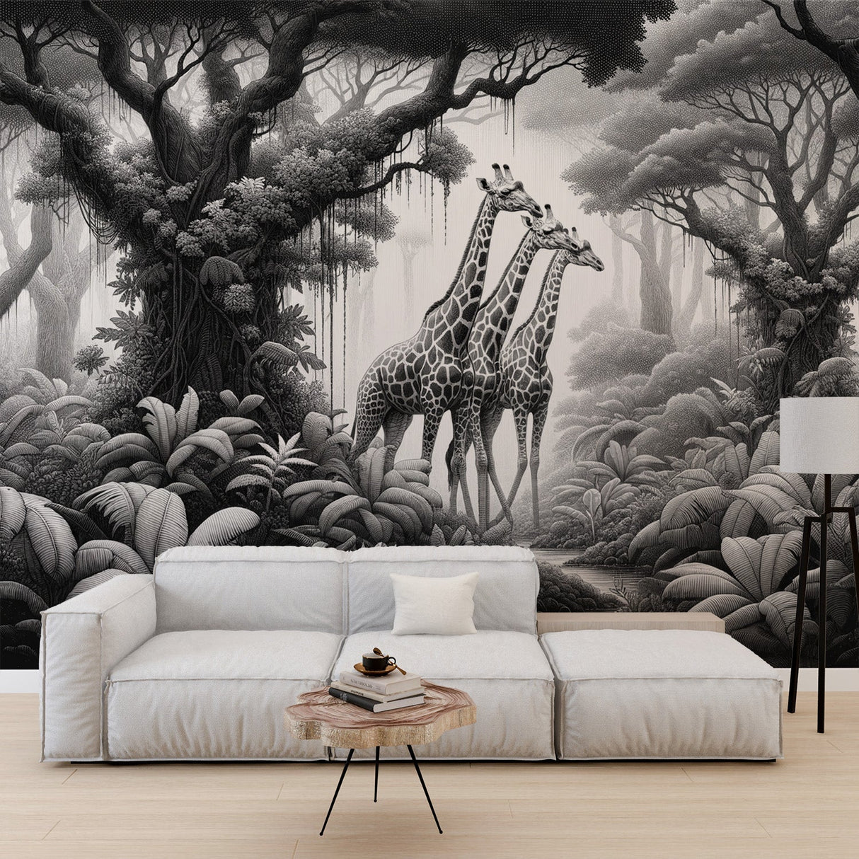 Black and white safari wallpaper creating a striking focal point in a modern living room with minimal furniture