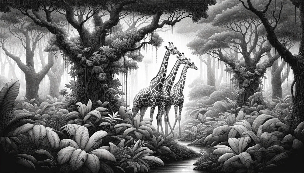 Black and white giraffe safari design file with detailed jungle pattern and misty effects