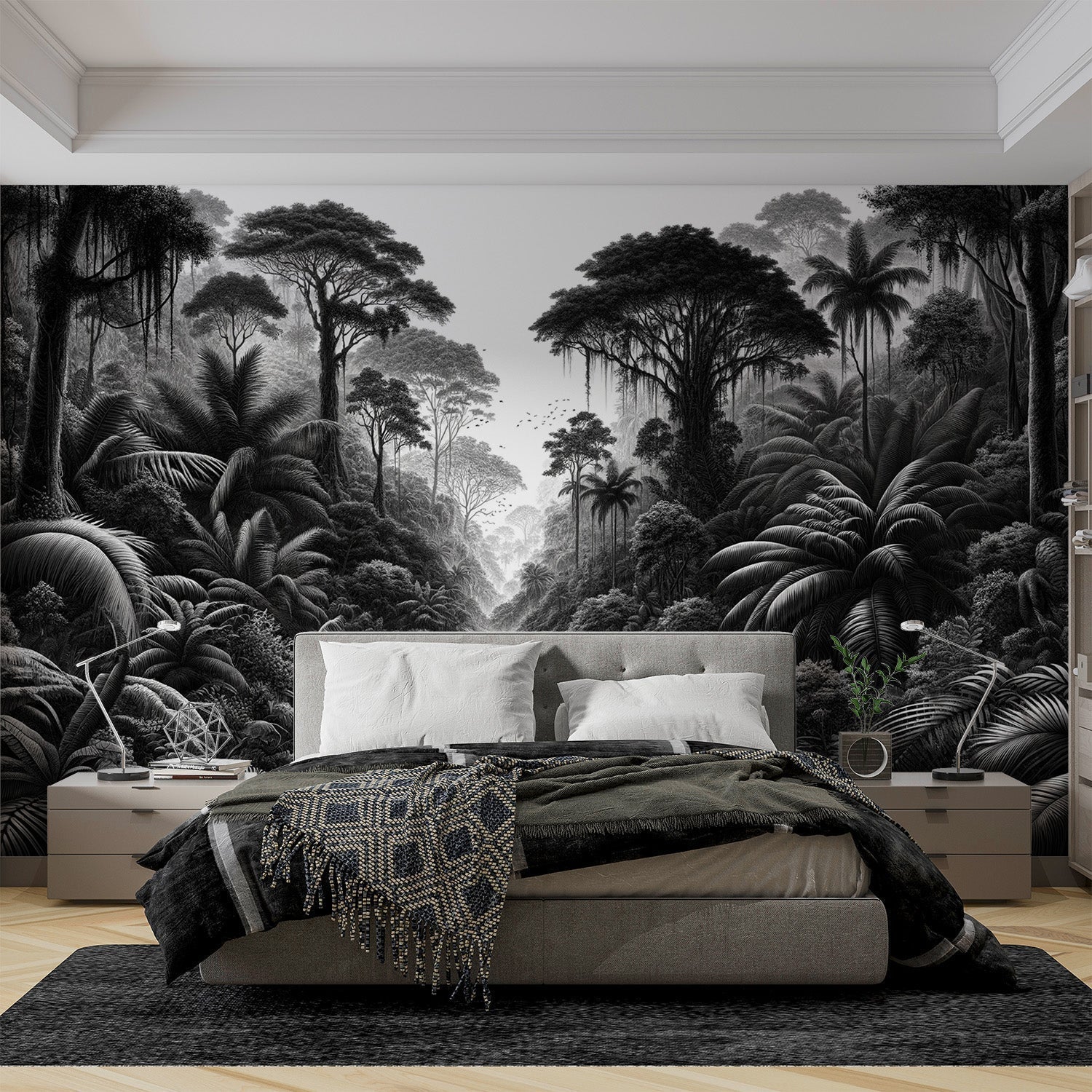 Black and white jungle mural wallpaper creating depth in a modern living room with minimalist furniture