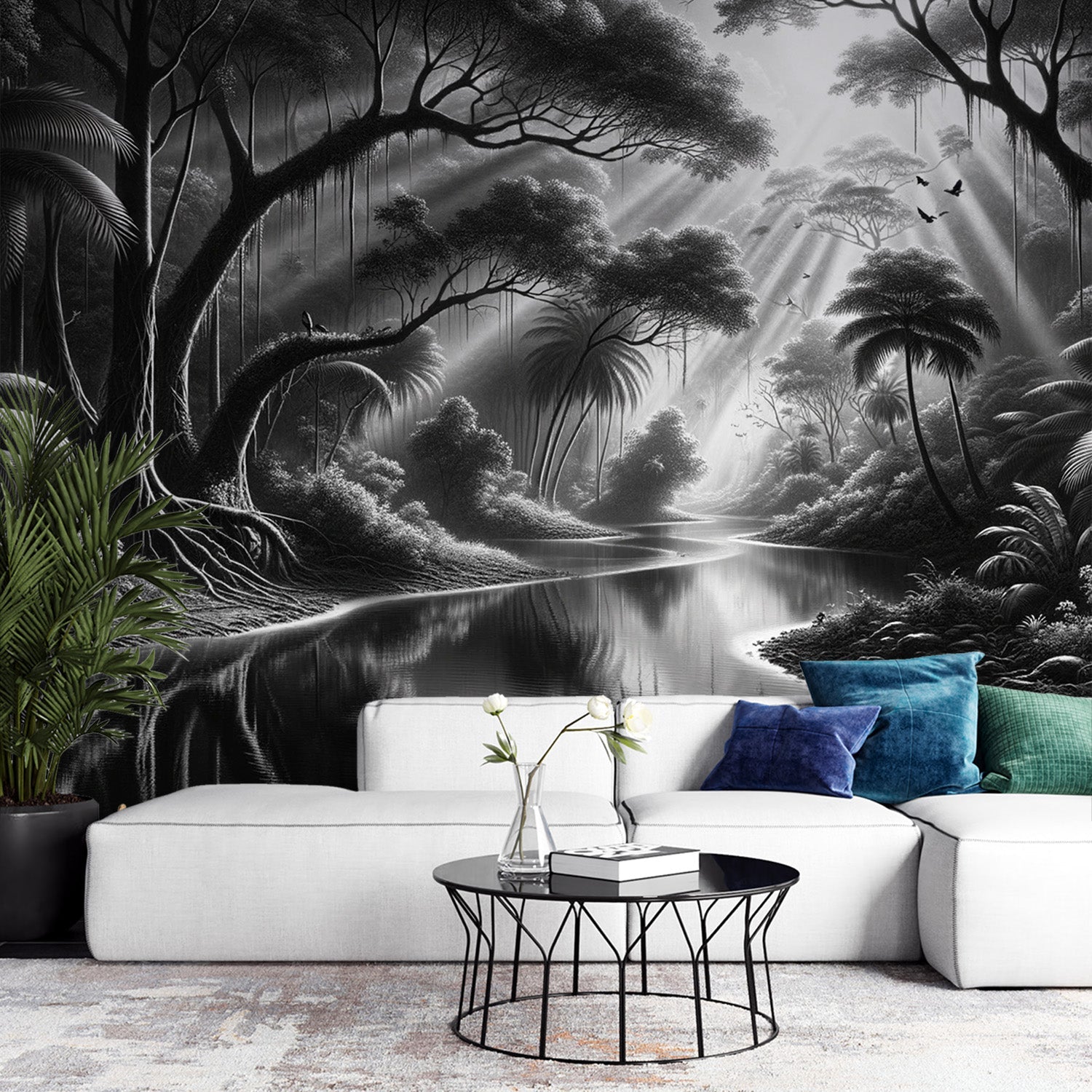 Black and white jungle mural wallpaper creating depth in a modern living room with natural light streaming through windows