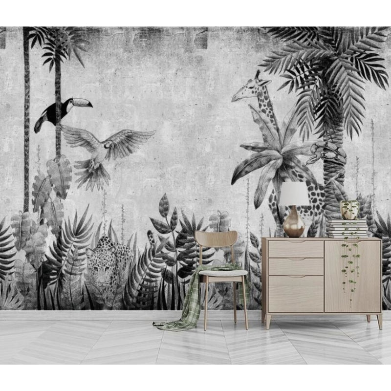 Monochrome wildlife wallpaper showcased in dining room with contemporary decor