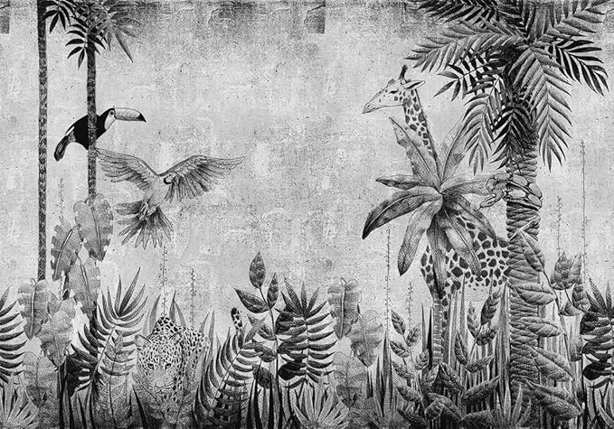 Black and white jungle wildlife design file showing detailed pattern with giraffe, toucan and leopard