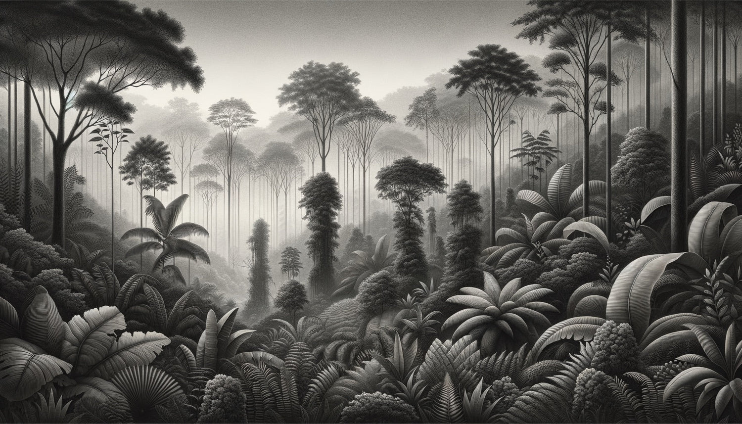 Black and white jungle mural wallpaper creating depth in modern living room setting