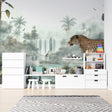 Jungle leopard wallpaper mural bringing wild beauty to a modern living room with soft lighting