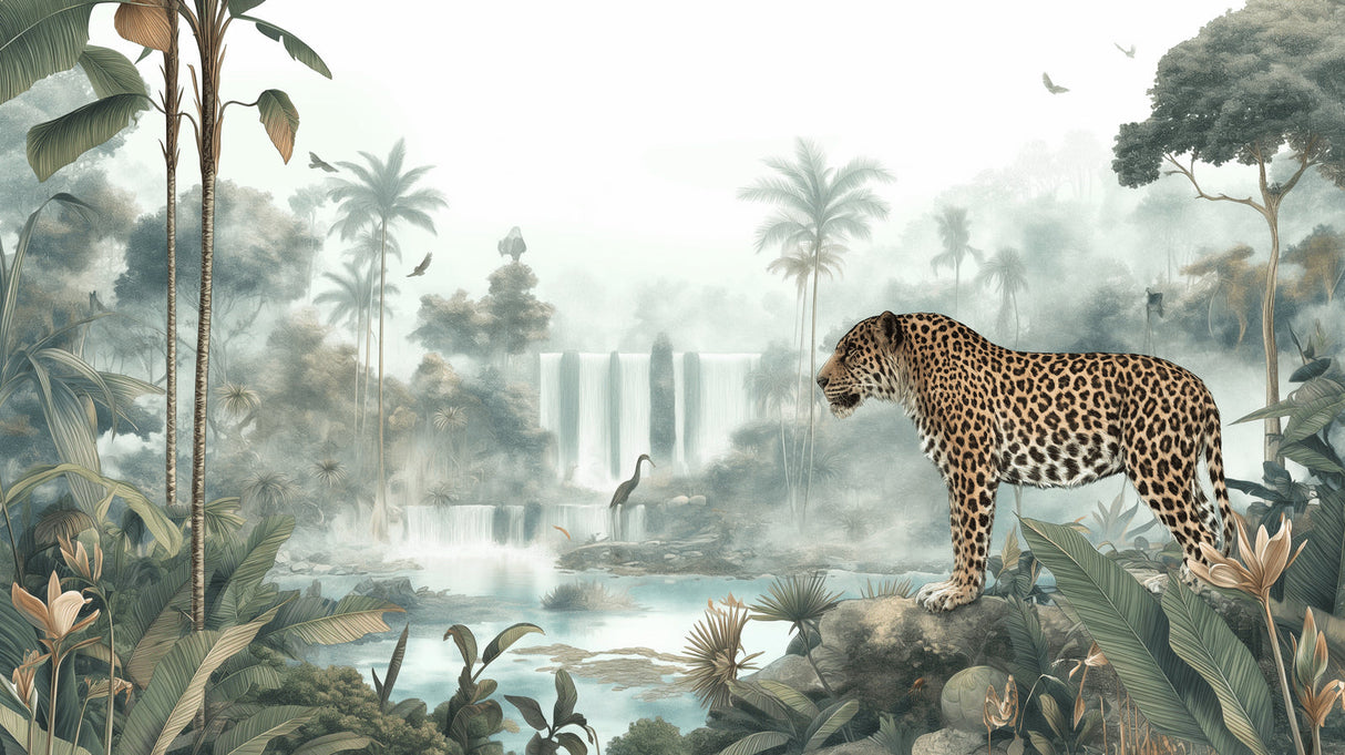 Tropical waterfall mural with leopard creating depth in a cozy bedroom setting
