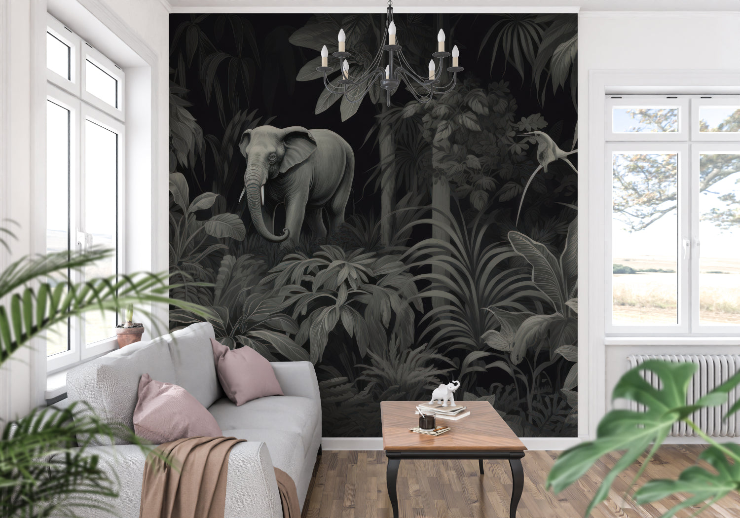 Black and white elephant forest mural in cozy bedroom interior