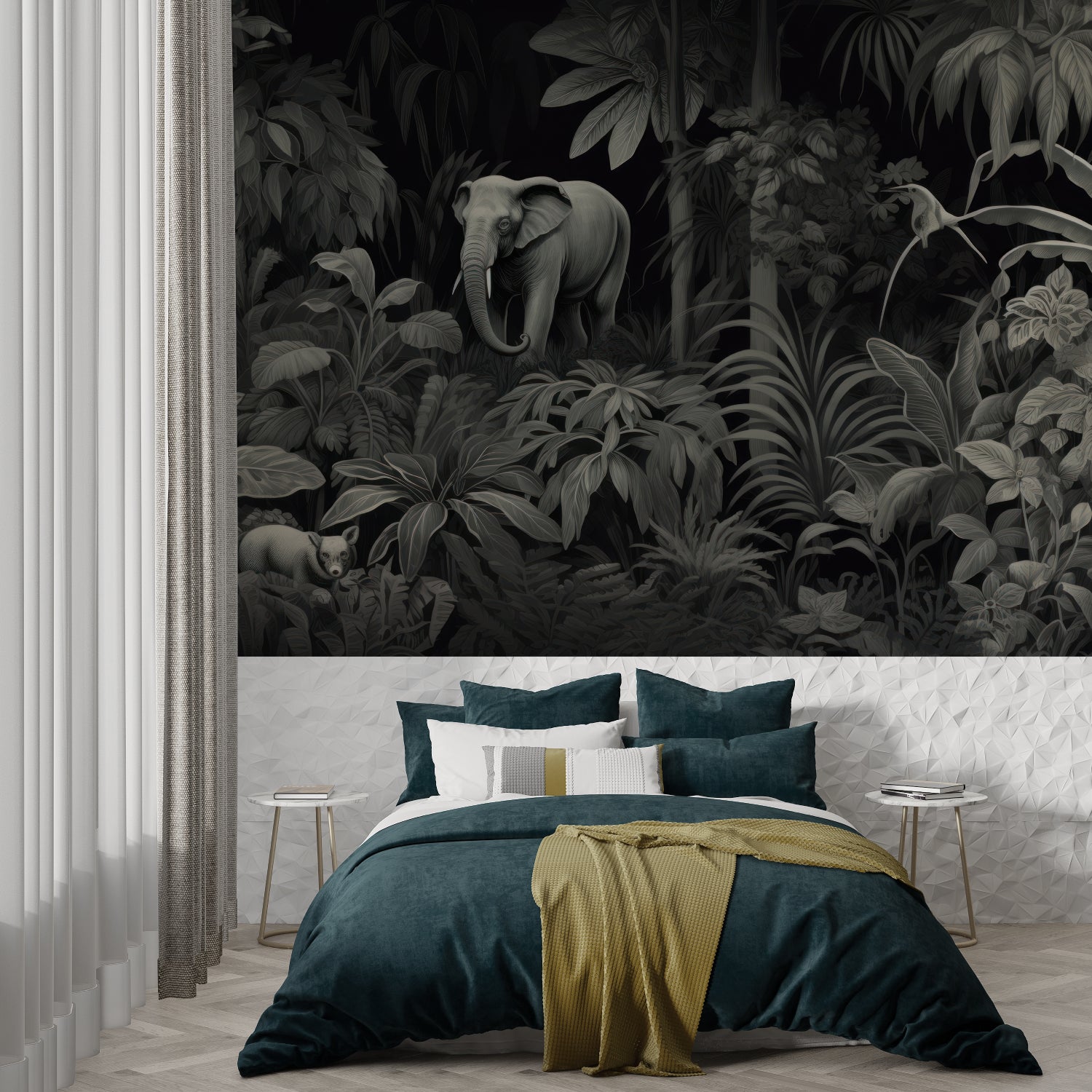 Monochrome tropical elephant wallpaper in dining room setting