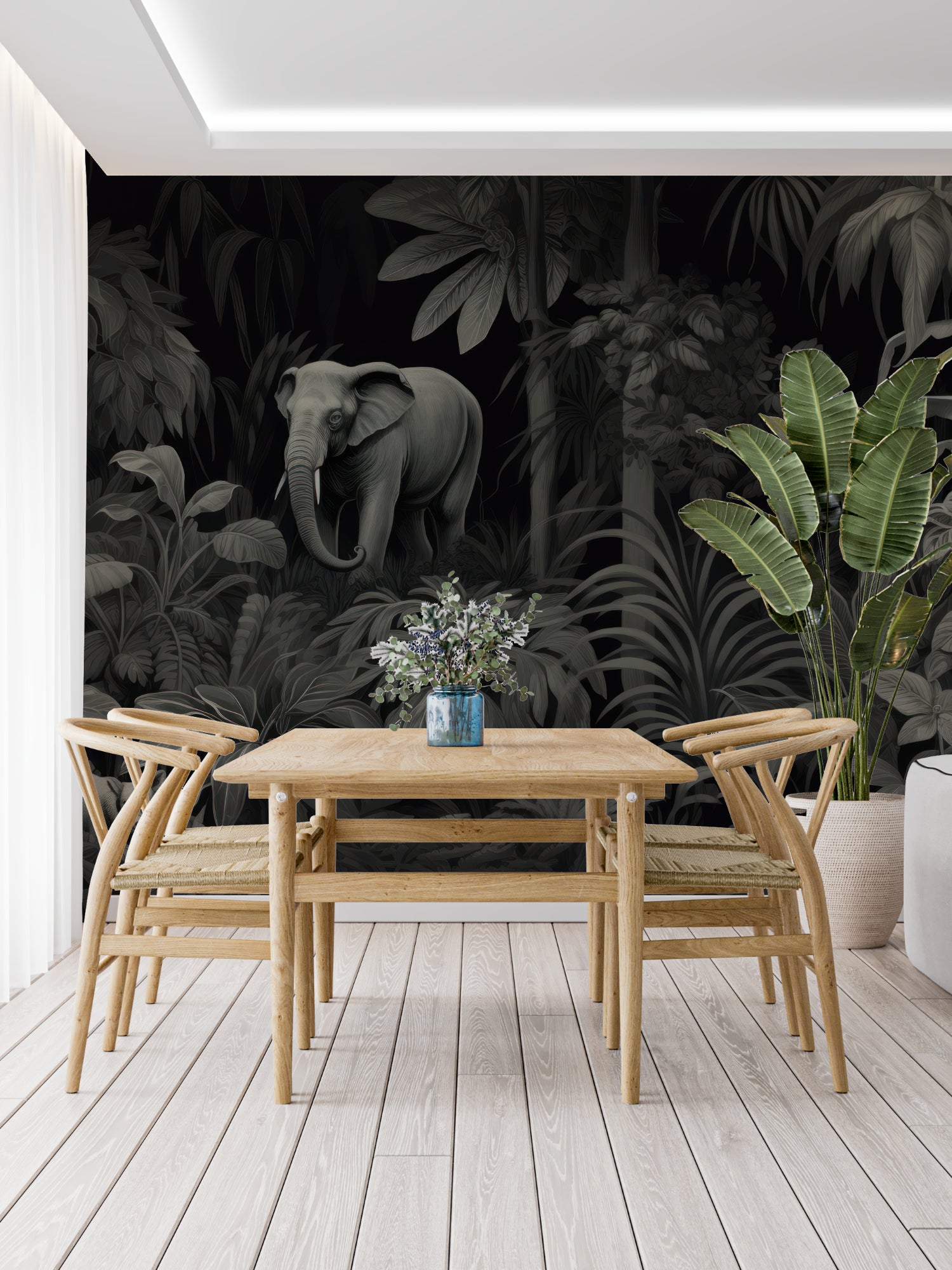 Elephant forest wall mural creating focal point in entryway