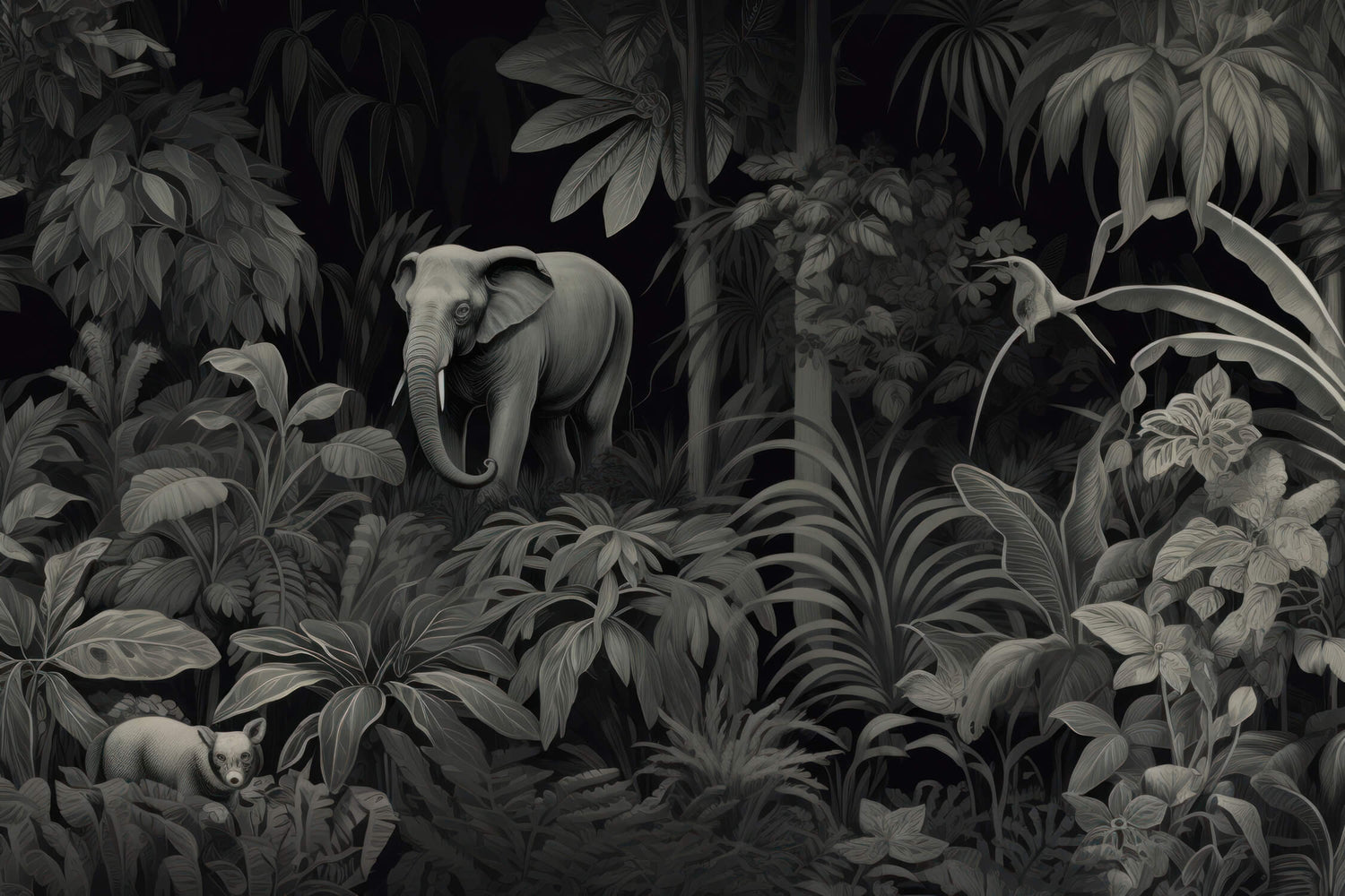 Design file of black and white jungle pattern with detailed elephant and tropical leaves