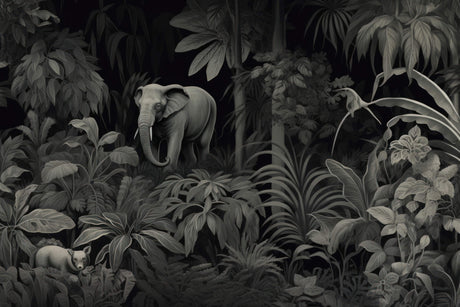 Design file of black and white jungle pattern with detailed elephant and tropical leaves