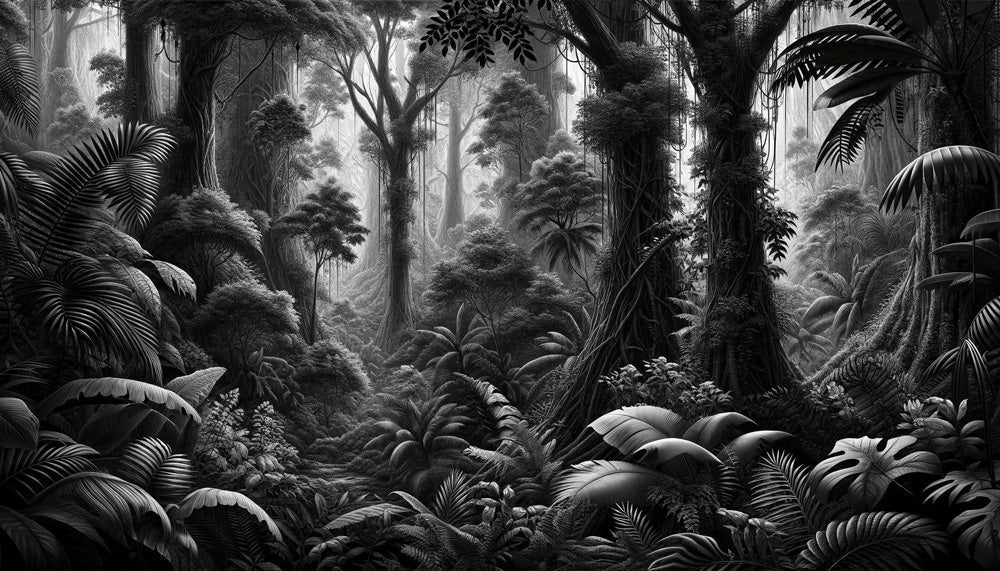 Monochrome forest landscape wallpaper design file showing detailed tropical foliage pattern