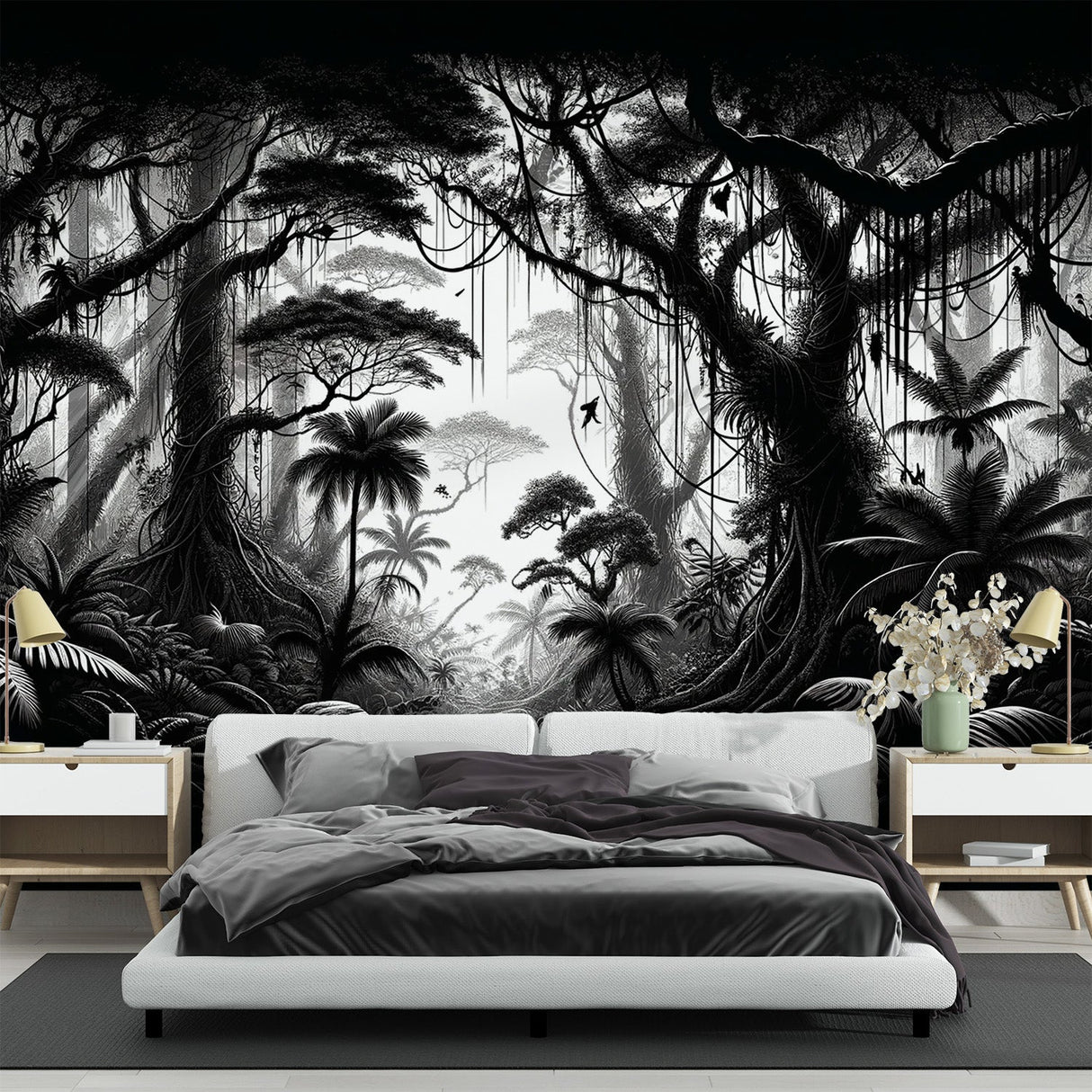 Monochrome jungle wallpaper in modern living room showing dramatic black and white tropical forest scene