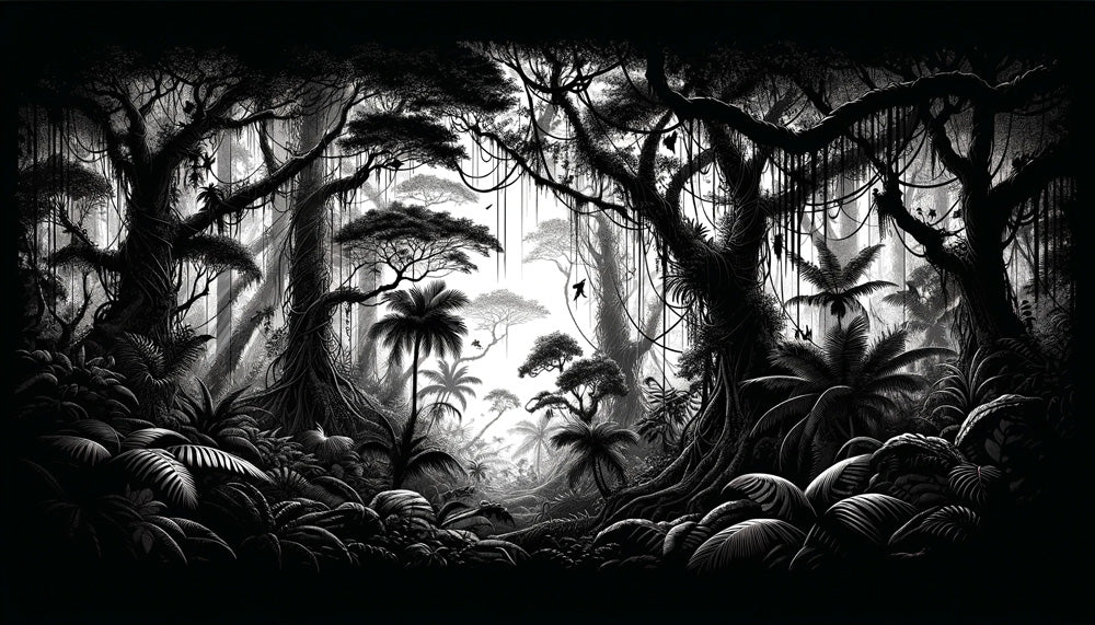 Black and white tropical forest design file showing detailed jungle pattern and textures