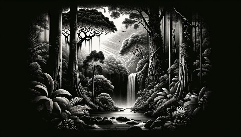 Monochrome tropical waterfall design file showing intricate jungle detail pattern