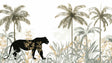 Black Panther wallpaper mural styled in modern living room, showing gold palm trees against white background