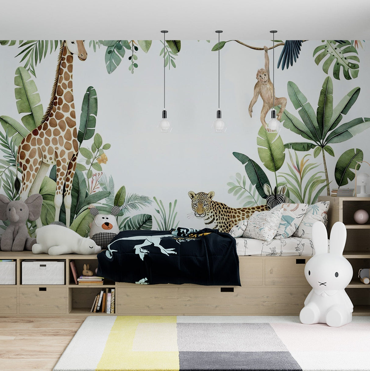 Safari animals wallpaper mural in a bright nursery, showing giraffe and leopard designs creating a playful atmosphere