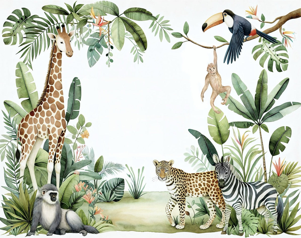 Jungle Safari animals wallpaper design file showing watercolor wildlife and tropical leaves pattern