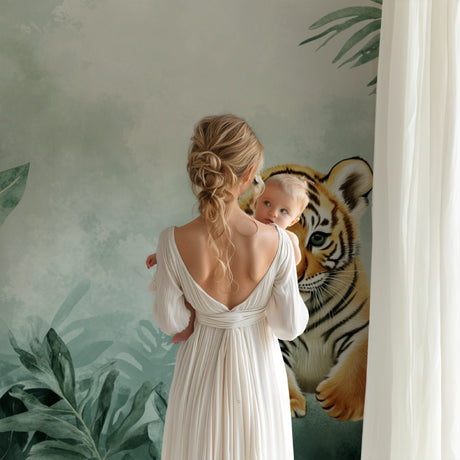 Tiger cub wallpaper creating a cozy atmosphere in a modern nursery with natural wood furniture