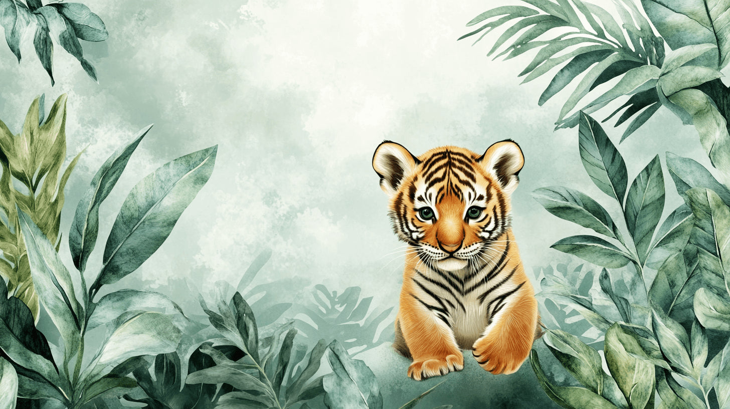 Baby tiger and tropical leaves design file showing intricate watercolor details and pattern layout
