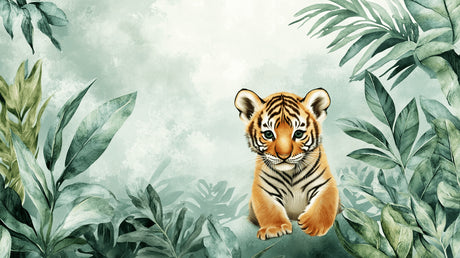 Baby tiger and tropical leaves design file showing intricate watercolor details and pattern layout