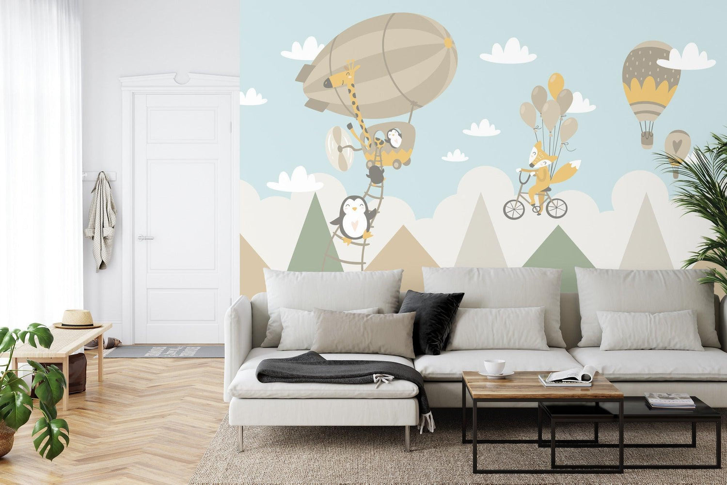 Hot air balloon animal wallpaper bringing joy to a child's bedroom with soft colors and friendly characters