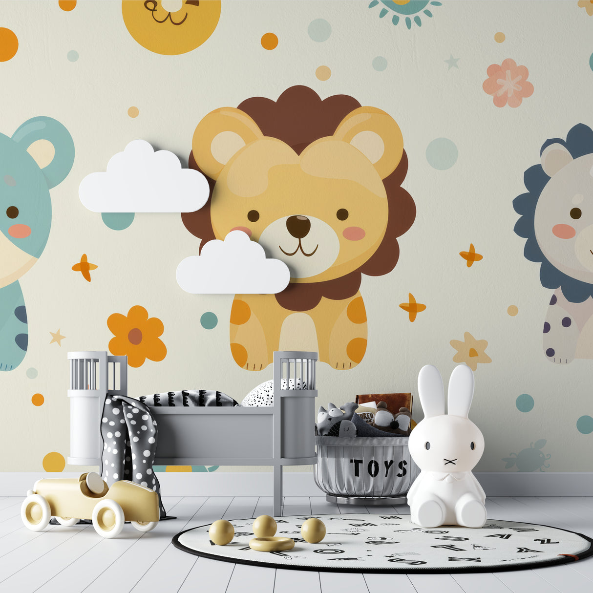Lion wallpaper in bright nursery with white furniture and yellow accents