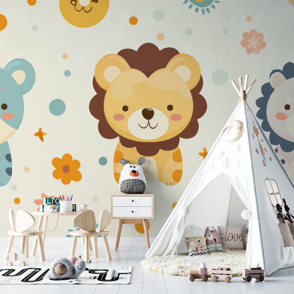 Safari nursery wallpaper featured in modern playroom with wooden toys