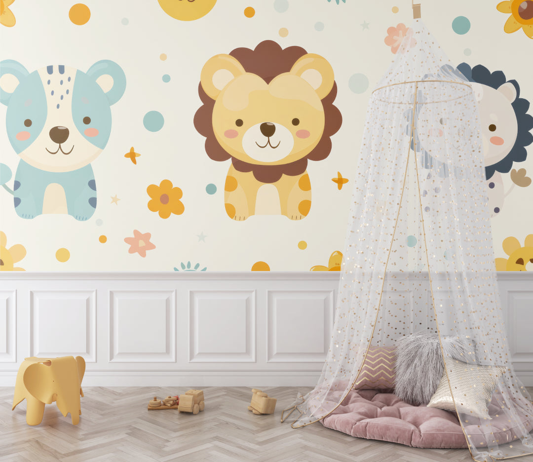 Animal wallpaper bringing warmth to baby's nursery with rocking chair
