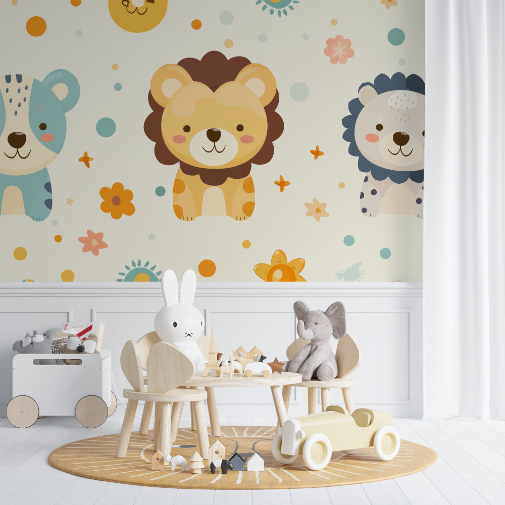 Lion mural wallpaper in toddler bedroom with cloud decorations