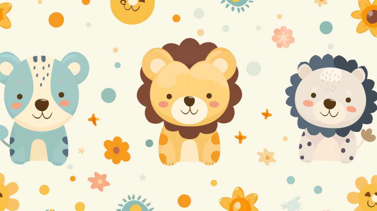 Design file showing playful lion pattern with clouds and geometric elements on cream background