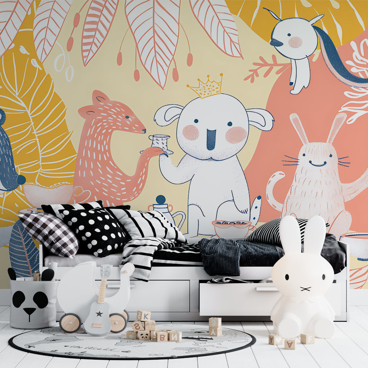 Kids animal wallpaper with koala tea party shown in bright modern nursery with white furniture