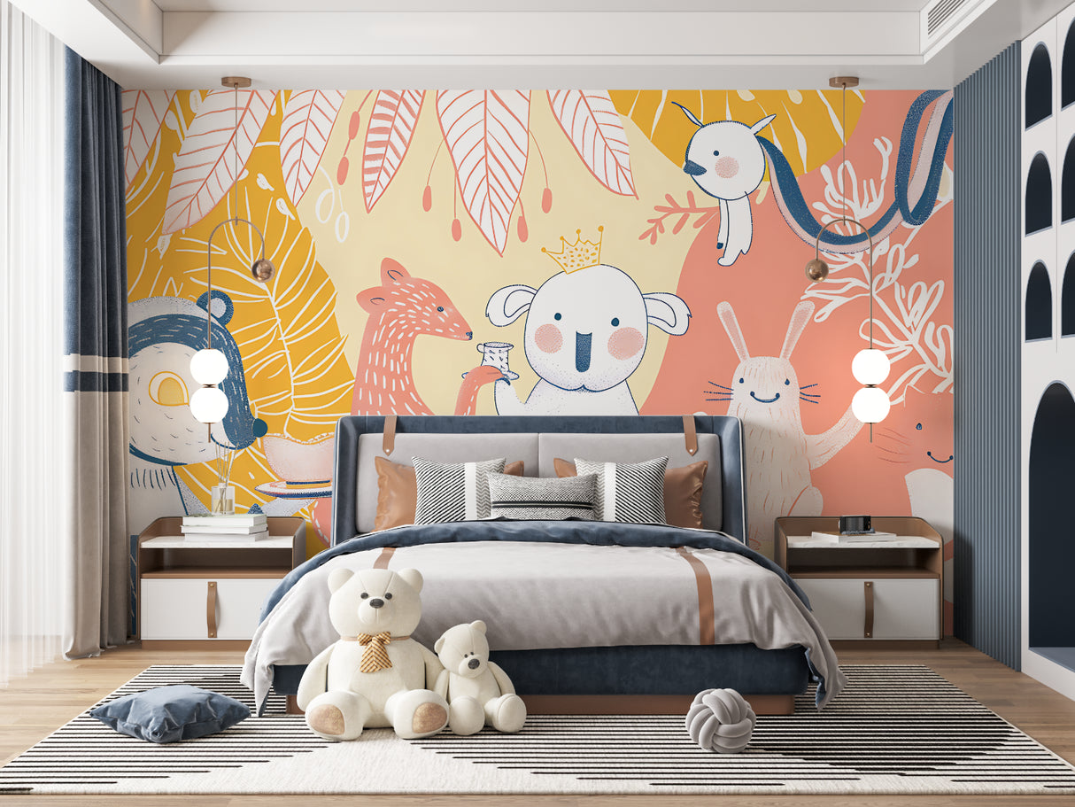 Playful tea party animal wallpaper creating warmth in toddler's bedroom