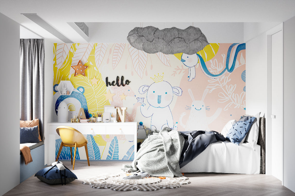 Animal tea party mural wallpaper bringing charm to reading nook