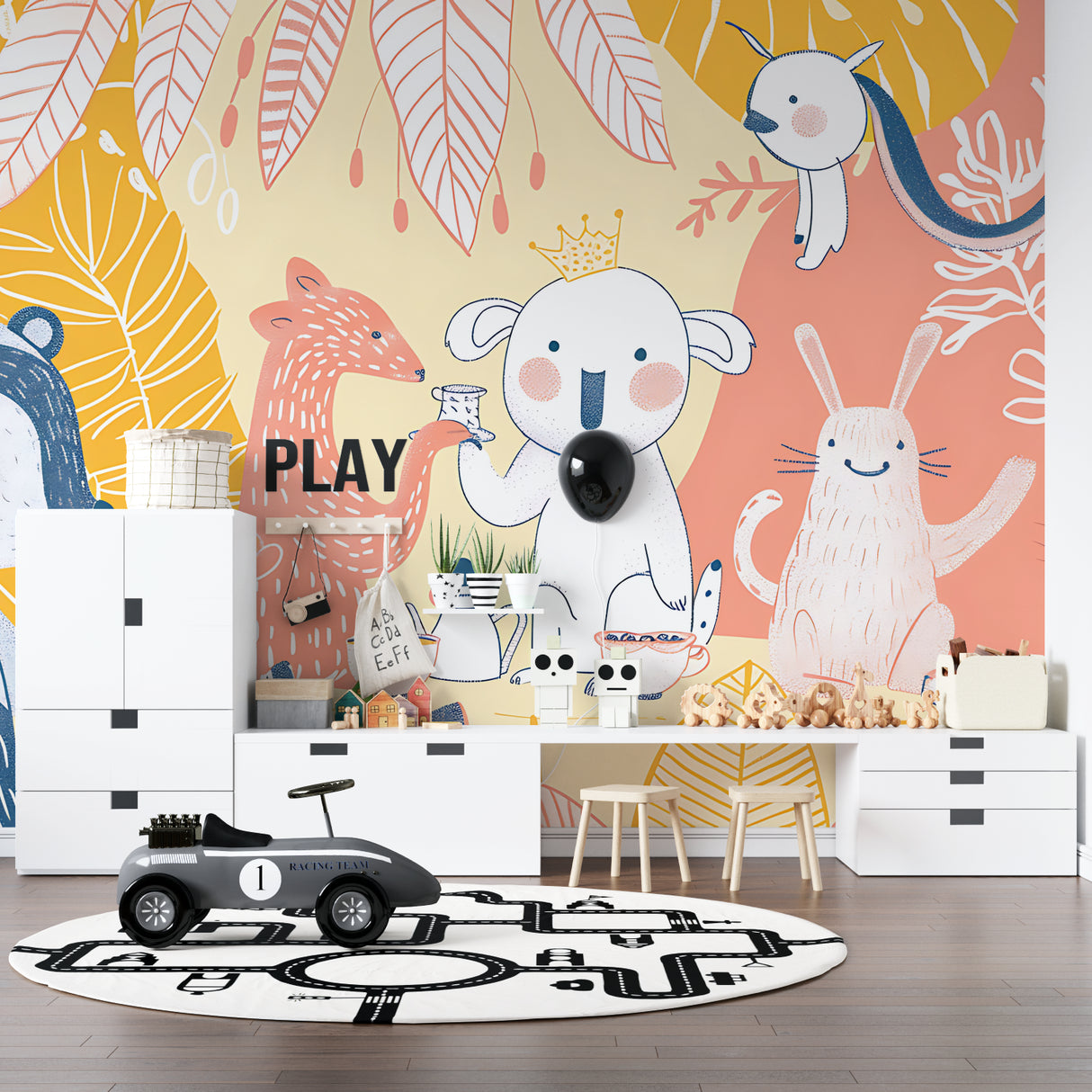 Koala and friends tea party wallpaper in playroom setting