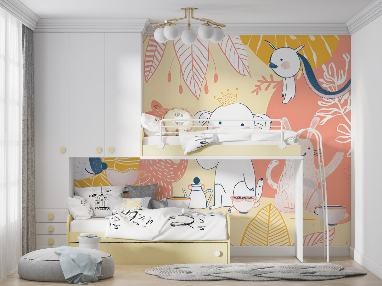 Kids animal wallpaper featuring tea party scene in daycare room