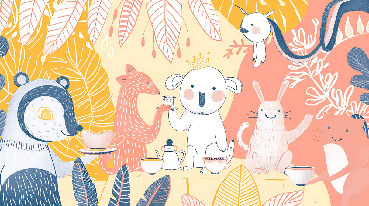 Design file showing detailed koala tea party pattern with botanical elements and friendly animals