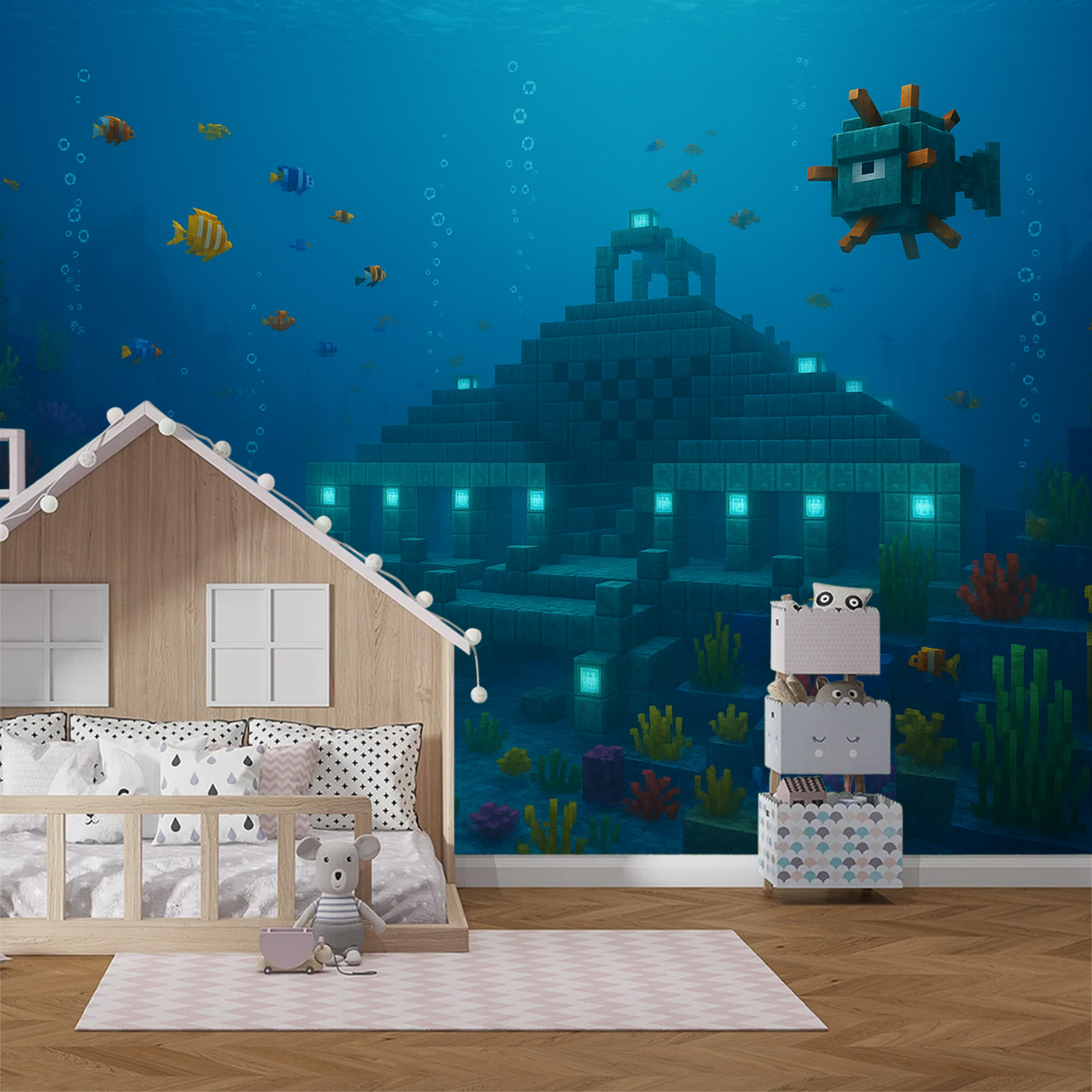 Minecraft Mural Wallpaper Underwater Temple Discovery - Detailed wallpaper pattern view