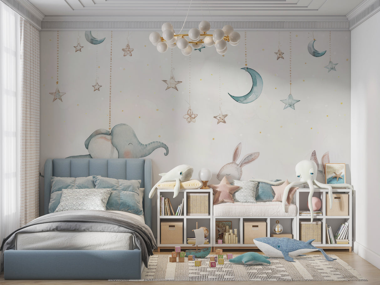 Kids fantasy wallpaper in a cozy nursery with rocking chair and soft lighting