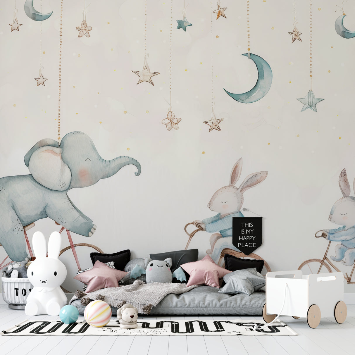 Nursery animal wallpaper displayed in modern white bedroom with wooden crib