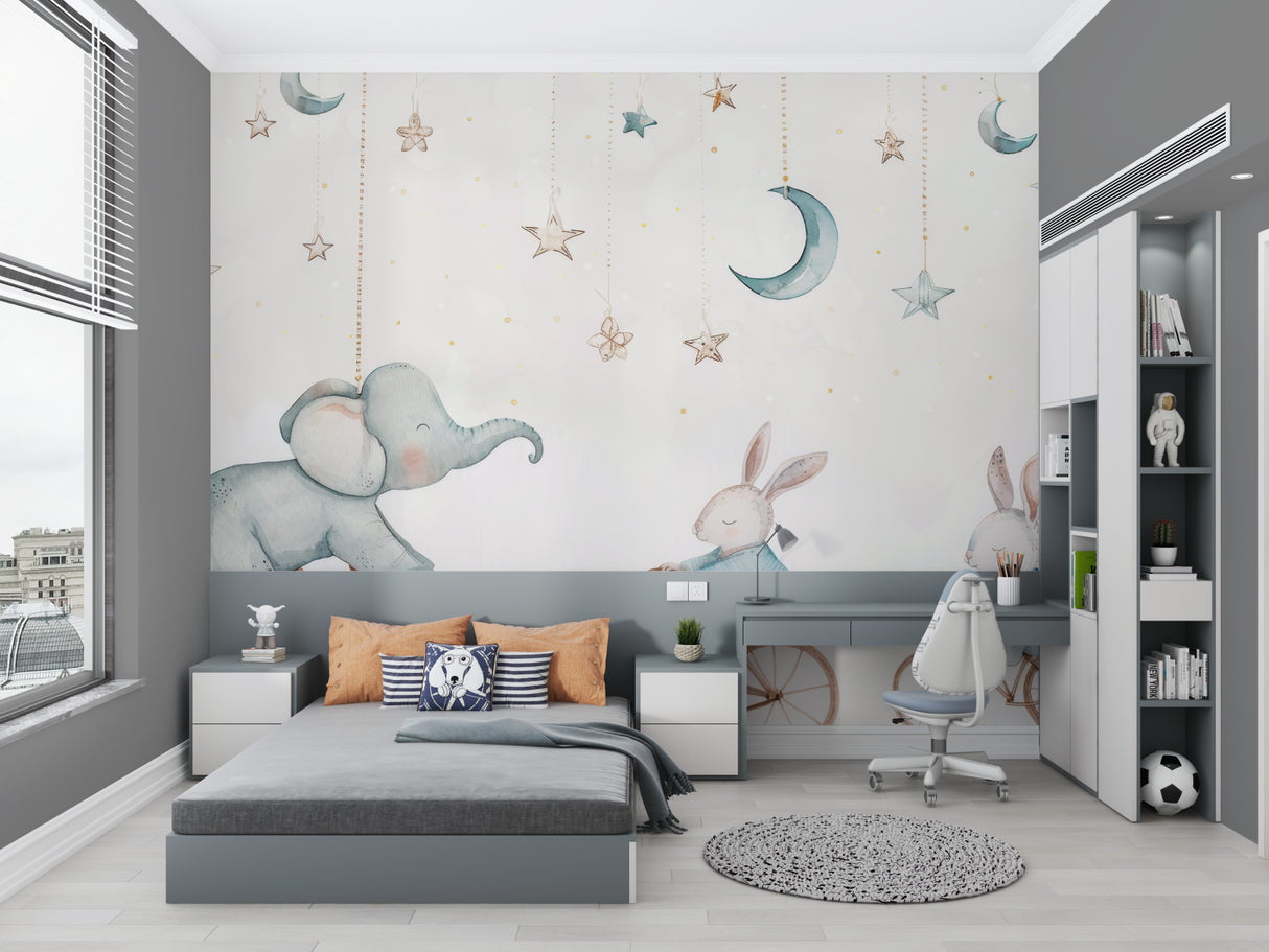 Elephant and bunny wall mural in playroom setting with reading nook