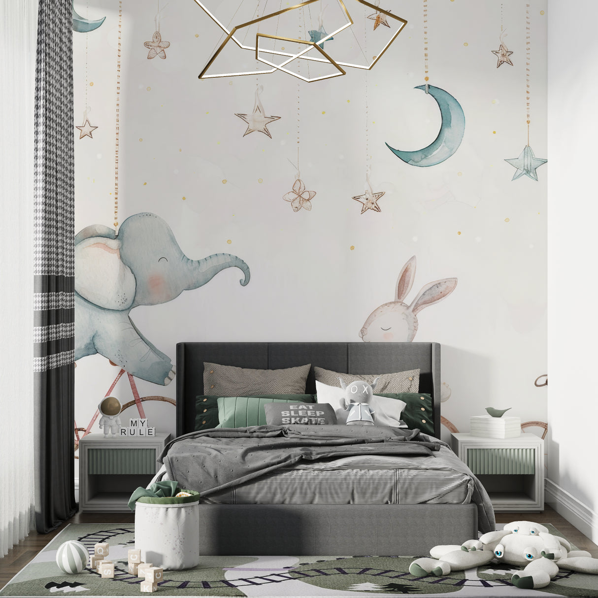 Starlit animal wallpaper in minimalist nursery with white furniture
